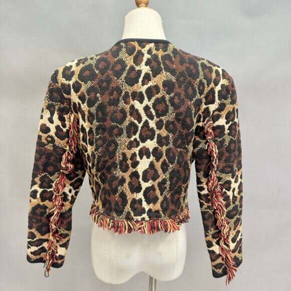 Vintage Cache Leopard Print Woven Fringe Bolero Blanket Jacket Size Small Cotton - Picture 4 of 16